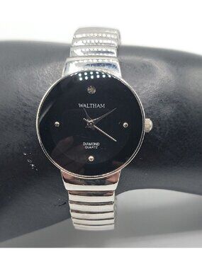 Vintage Waltham Ladies Diamond Quartz Watch 28mm Black Dial Silver Tone Band